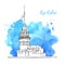 Vector sketchy illustration of Maiden tower in Istanbul with blue watercolor stain