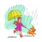 Vector sketh teen girl walking umbrella rain dog