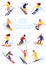 Vector skiers and snowboarders cartoon flat style. Men and women in the ski resort. Winter sport activity. Simple