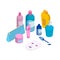 Vector skincare and bath isometric objects. Pile of shampoo, liquid soap, face cream, bag and sheet mask in isometric 3d