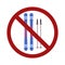 Vector skis in the prohibition sign. The danger of sports. Ban on active entertainment. Vector forbidden symbol