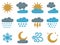 Vector sky set of sun, moon, rain, curly clouds