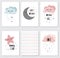 Vector sleepy moon star cloud cards kids designs Childish style pink color Phrases