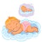 Vector small baby in a diaper asleep using a cloud instead of a pillow.