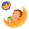 Vector small baby in a diaper asleep using a moon instead of a pillow.