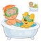 Vector small child in a swimming circle and a diving mask bathes in bathtub with his dog