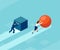 Vector of a smart businessman pushing a sphere leading the race against a group of slower businessmen pushing boxes