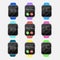 Vector Smart watch colorful of different colors band. Smart watches icon with smartwatch interface. Isolated on white background.