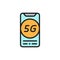 Vector smartphone with 5G internet flat color line icon.