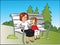 Vector of smiling mother and daughter sitting on bench at park