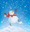Vector snowman dancing on snowfall background.