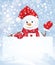 Vector snowman hiding by blank on snowfall background.