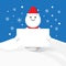 Vector snowman hold blank label, winter christmas celebration background
