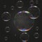 Vector soap water bubbles on dark backdrop, transparent realistic design elements on checkered background