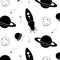 Vector space pattern. Illustration with rocket, aliens, shuttle, planet and stars. Astronomy white black background