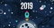 Vector space poster design background with 2019 text. Cute template with Astronaut, Spaceship, Rocket, Moon, Black Hole, Stars in