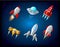 Vector spaceship and UFO vector set in cartoon style. Rocket and spacecraft, futuristic transportation, collection ship