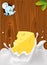 Vector splash of milk with cheese, mouse peeking