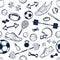 Vector Sport Equipment Black and White Background, Seamless, Pattern, Icons