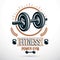 Vector sport equipment, dumbbell with disc weight and kettle bell. Fitness center graphic emblem