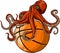 Vector sport logo, kraken octopus head illustration and basketball ball on the shield background.
