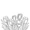 Vector spring bouquet with outline crocus or saffron flower and ornate leaf in black isolated on white background.