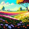 Vector of spring landscape with blooming field of tulips and trees. Generative AI