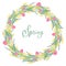 Vector spring wreath with flowers and leaves.