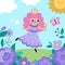 Vector square background with fairy princess on green field with purple flowers under clouds, sun. Magic or fantasy world scene.