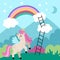 Vector square background with unicorn on green field with ladders on clouds to rainbow. Magic or fantasy world scene. Fairytale