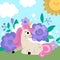 Vector square background with unicorn on green field with purple flowers under clouds, sun. Magic or fantasy world scene.