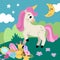 Vector square background with unicorn on green field with treasures under clouds, stars, moon. Magic or fantasy world scene.