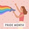 Vector Square Banner with LGBT person holding megaphone with rainbow. LGBTQ symbols. Social media post, story or