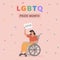 Vector Square Banner with LGBT person on wheelchair holding placard with love word in rainbow colors. Sexual Diversity