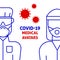 A vector square design with avatars of medics in a protective clothing and a respirator.