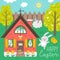 Vector square happy Easter greeting card template with bunny, chick and sheep. Garden scene with cute country house and animals.