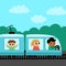 Vector square scene with man driving train and passengers. City or country transportation illustration. Cute kid driving transport