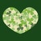 Vector St Patrick\'s day card. Green and white clover leaves on heart shape and dark background.