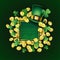 Vector St Patricks Day poster. Irish design elements: Leprechaun hat, clover, gold coins, empty text place on wood frame