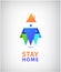 Vector stay home logo. Family of 3 sitting home, origami 3d icon. Quarantine or self-isolation. Health care concept