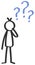 Vector stick figure undecided, stick man with three blue question marks