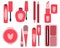 Vector stickers, a set of drawn items of women\\\'s cosmetics, mascara, lipstick, powder and other items.