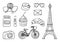 Vector stickers set of Paris symbols. Travel illustration with parisian landmarks, food and symbols