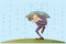 Vector stock illustration. Funny frightened man hiding under an umbrella from a falling currency