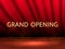 Vector stock illustration. Grand opening text. Wooden stage with curtains