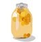 Vector stock illustration of plum wine. Jar of peach compote. Alcohol. Green plum.