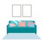 Vector stock illustration of a sofa. Nice room green sofa, cozy pillows paintings on the wall, carpet