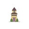 Vector strange tall house with two bushes icon. Vector Yellow house with purple door icon