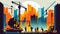 vector style Art of a Construction Site with Cranes and Workers in Action Against a Bright Cityscape