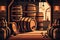 vector style Art of a Distillery Interior with Distilled Spirits in Barrels and Bottles